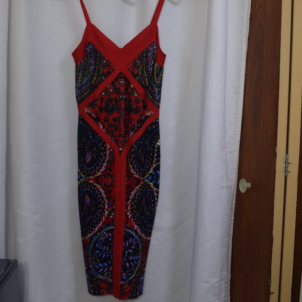Bebe red and black print dress, paisley type pattern size XS